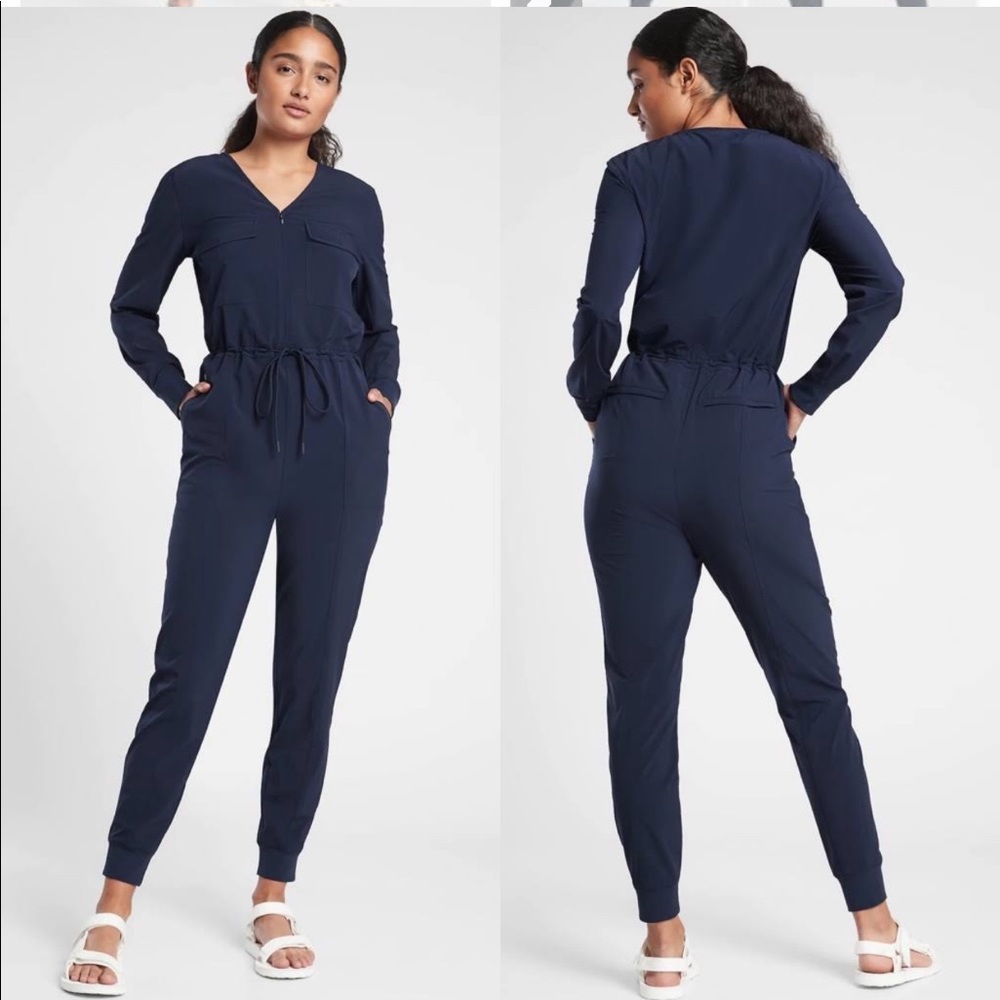 Athleta Zuma Navy Long Sleeve Lightweight Jumpsuit